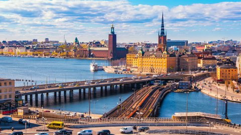 Timelapse video of Stockholm cityscape with view of Gamla Stan old town in Stockholm, Sweden, Time Lapse 4K