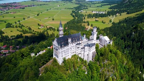 Neuschwanstein Castle Bavarian Alps Germany. Aerial FPV drone flights.