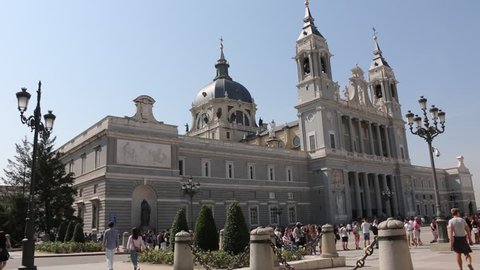 MADRID, SPAIN 21 SEPTEMBER 2017: Tourists visiting the famous Cathedral of Nuestra Senora de Almudena in Madrid. Saint Mary the Royal of La Almudena, a major tourist landmark , Roman Catholic Church
