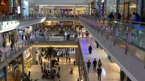 DUBAI, UAE - JANUARY 2017: dubai mall luxury store hall interior crowded walking panorama 4k circa january 2017 dubai, united arab emirates.