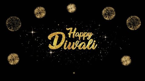 Happy Diwali Beautiful golden greeting Text Appearance from blinking particles with golden fireworks background.
