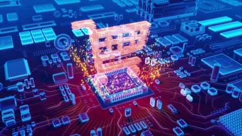 Futuristic animation of holographic shopping cart symbol emerging from microprocessor on electronic circuit board