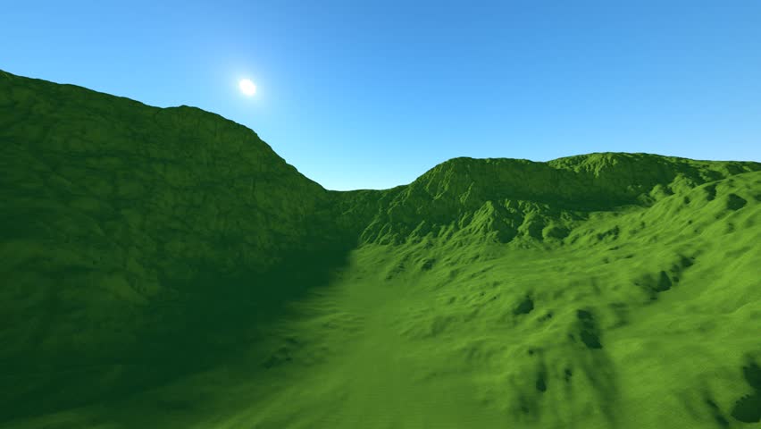 Green mountains with sun in the background