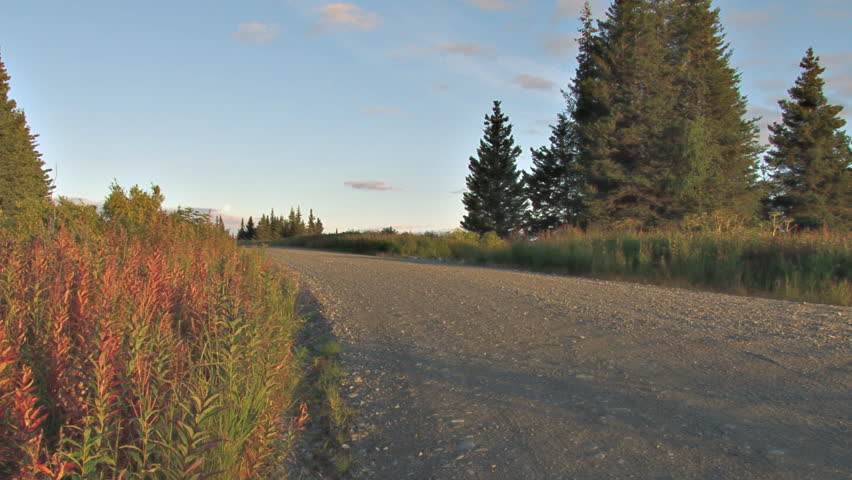 Man pedals a mountain bike past camera on gravel road in evening.