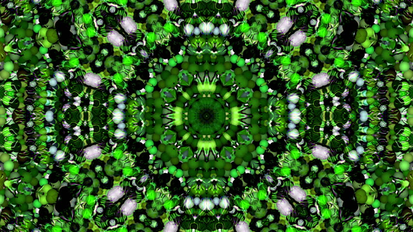Footage-based madness of mainly green, fast flashing kaleidoscopic ball effect