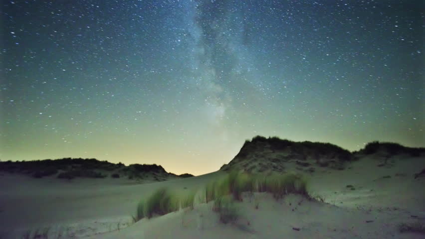 Milky Way with comet like star trails over embryonic dunes landscape