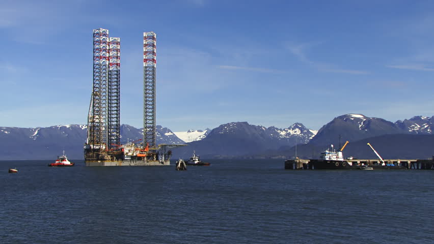 The huge jack-up rig Endeavour being towed to the deepwater dock at Homer,