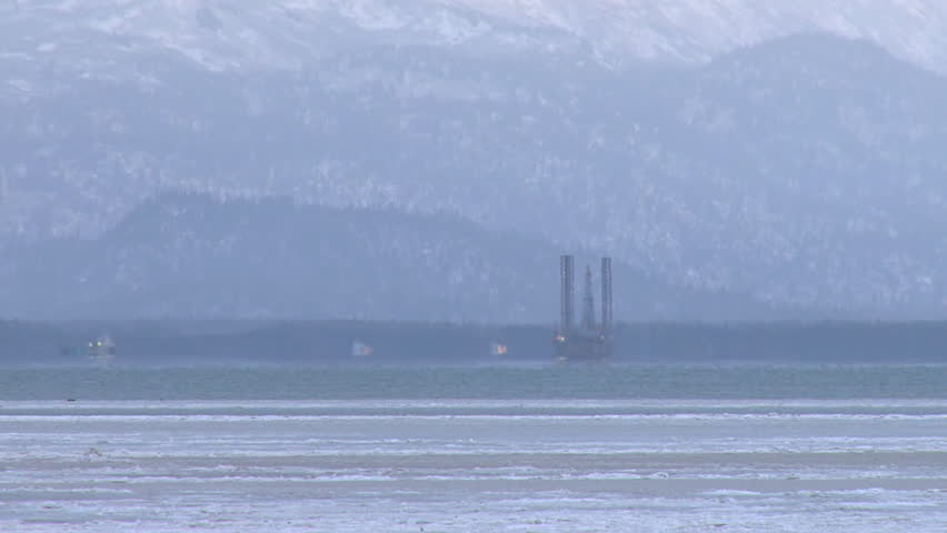 Jack-up Rig on Kachemak Bay - zoom out to scenic