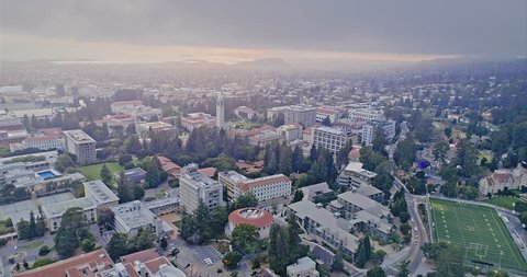 Aerial flying over the oakland hills, berkeley university & The Cal Campus Campanile. 25 July, 2017, Berkeley, USA
