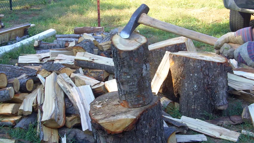 A middle aged or mature man splits logs for firewood.