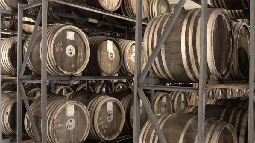 Scotch Whisky Barrel rows. Whiskey and brandy distillery. 