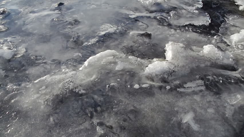River Ice with Current and Bubbles Flowing Below Pan