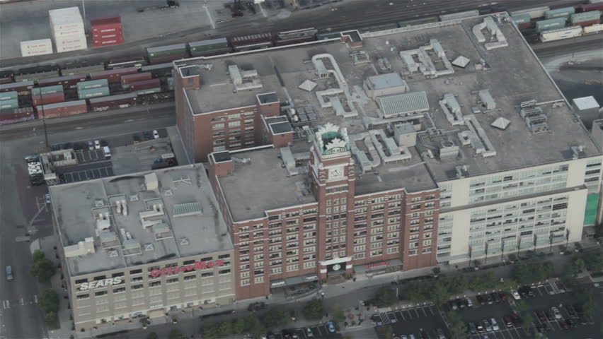 Aerial view of city skyline and office buildings early morning