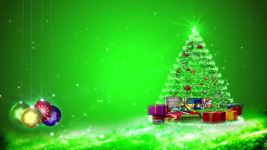 Motion graphics of snowflakes and Christmas decorations. Green background.