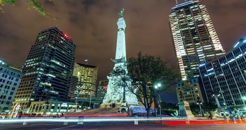 Indianapolis Downtown Monument Night Time-lapse. a time-lapse of the Soldiers' and Sailors' Monument in downtown Indianapolis at night with traffic flowing around the circle
