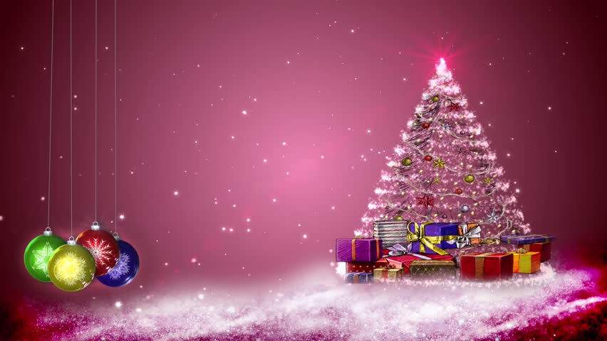 Motion graphics of snowflakes and Christmas decorations. Pink BG.