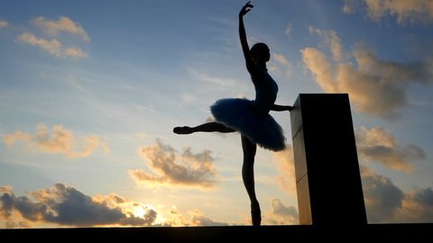 Silhouette of ballerina in ballet tutu and pointe on dramatic sky background. Young beautiful woman practicing stretching and exercises. Girl in static posture. SLOW MOTION. Gimbal shot