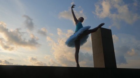 Silhouette of ballerina in ballet tutu and pointe on dramatic sky background. Young beautiful woman practicing stretching and exercises. Girl in static posture. 4k. Gimbal shot