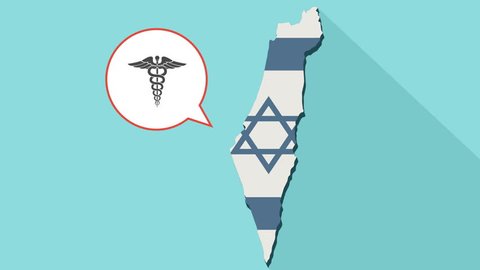 Animation of a long shadow Israel map with its flag and a comic balloon with a medical symbol.