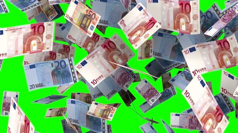 Euro banknotes falling in green screen