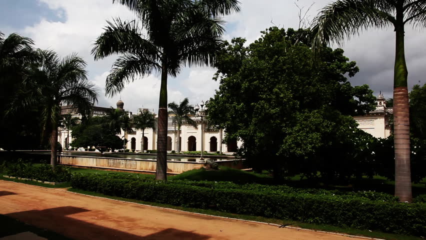 Pan shot of a garden in Chowmahalla Palace, Hyderabad, Andhra Pradesh, India