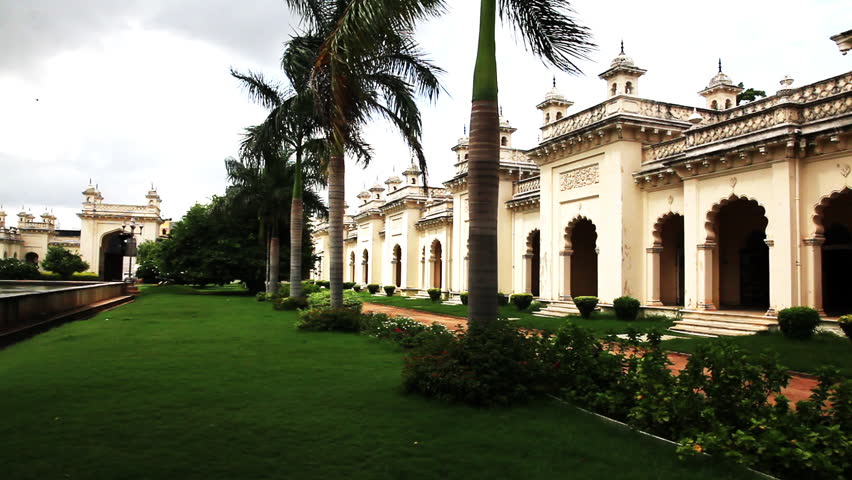 Locked-on shot of a garden in Chowmahalla Palace, Hyderabad, Andhra Pradesh, India