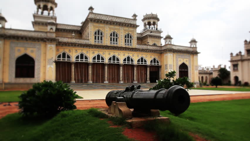 Locked-on shot of a cannon in Chowmahalla Palace, Hyderabad, Andhra Pradesh, India