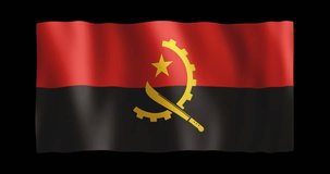 Flag of Angola; conformed to long ratio (2:1); gentle, stylized, non-realistic, unhinged waving; seamless loop animation with alpha channel; nice textile pattern visible in 4k