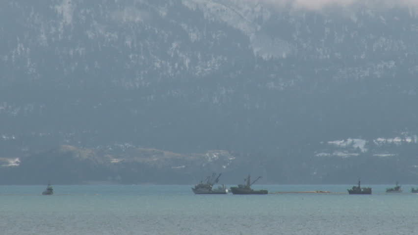 Telephoto shot of community fishermen and utility boat owners working together