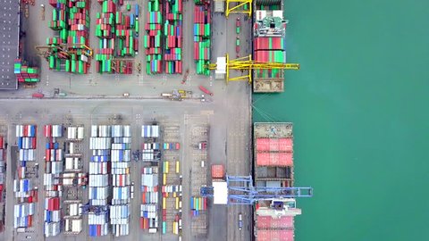 Aerial view port container terminal container ship in import export and business logistic at Deep water port singapore