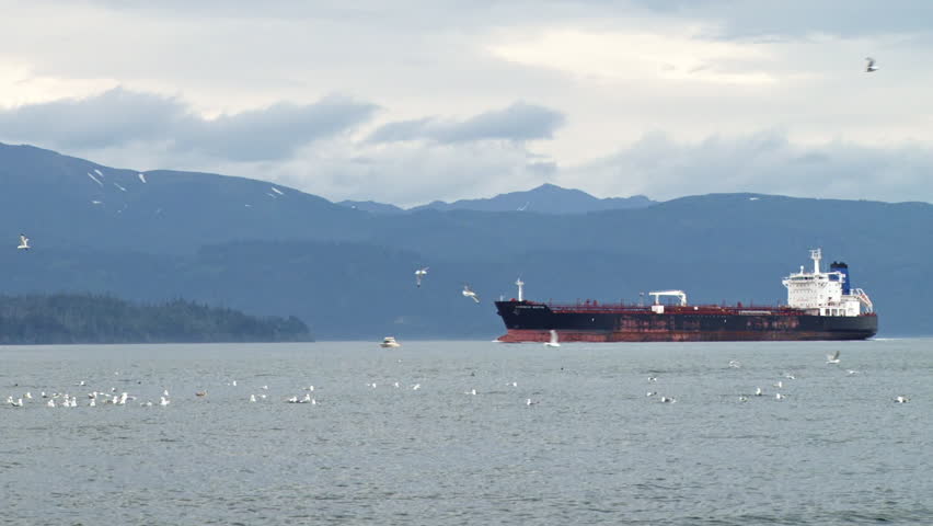 An old-looking oil tanker moving into Kachemak Bay, with gulls in the foreground