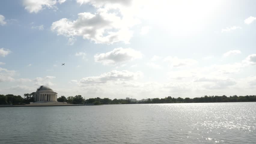 Thomas Jefferson Memorial Across Water Airplane Above Wide View, 4K