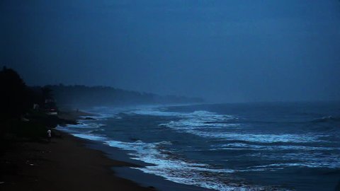 Locked-on shot of waves moving on the beach, Mahabalipuram, Kanchipuram District, Tamil Nadu, India