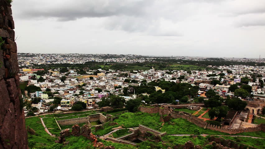 Pan shot of city viewed from Golkonda Fort, Hyderabad, Andhra Pradesh, India