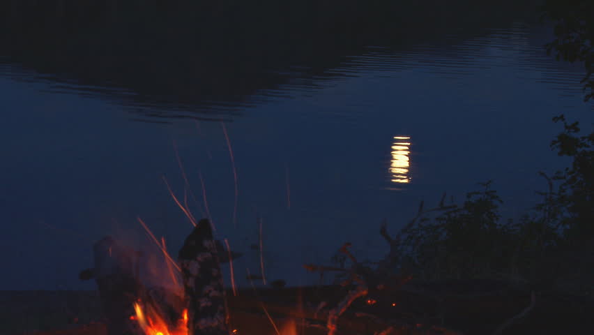 A quiet evening by the lake, moon reflecting on languid lapping waves, a fish or