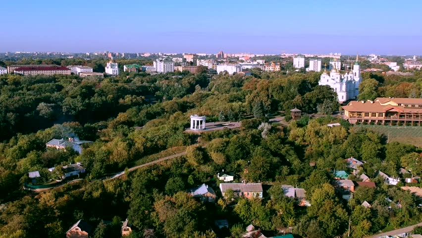 Aerial view on Holy Dormition cathedral and White Rotunda in Poltava, Ukraine. Summer noon sunlight