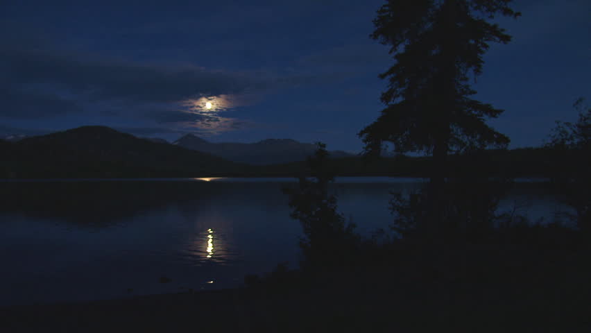 Moonbeam on Dark Lake Waters with Hills and Tree