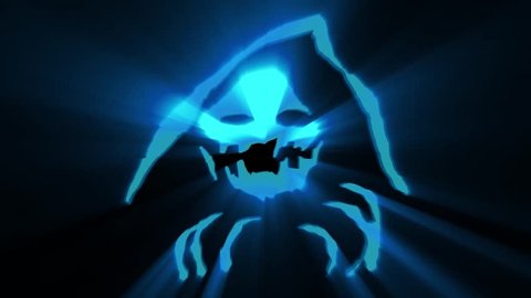 The blue skull ghost Happy Halloween animation. Genre of horror. Holidays and greeting cards.