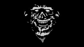 Crazy laughing zombie head with torn face. Scary monster character. Evil demon looped 2D animation. Horror fantasy genre. Spooky animated video clip. Creepy grim reaper smile. Gloomy ghost in haze. 