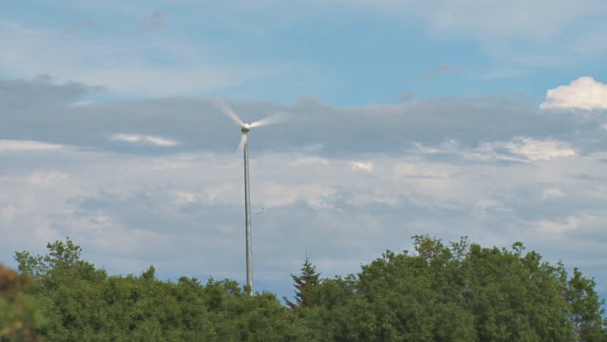 A good-sized private wind turbine spinning on a pole above an alder tree clump,