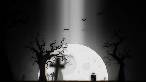 Halloween spooky animation background motion graphics footage (black and white theme), with the spooky tree , moon , bats , zombie hand and graveyard.