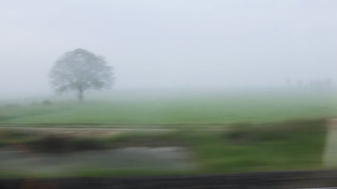 Fog over fields and forests trees as seen from the fast TGV train departing from Paris, France