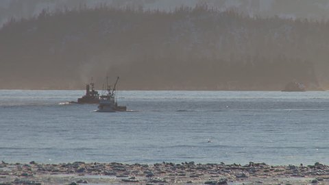 Tugboat and fishing boat passing each other out in the bay on a bright hazy afternoon, floating ice bobbing in the foreground.