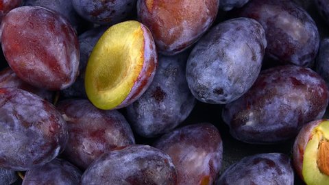 Some Plums rotating on a slate slab (4k; not loopable)