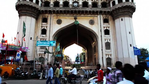 INDIA - AUGUST 2012: Tilt up shot of Charminar, Hyderabad, Andhra Pradesh, India