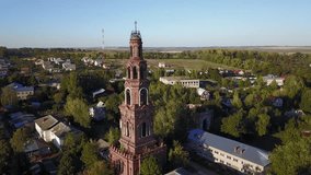 4K high quality aerial video footage of historical Peter & Pavel cathedral's tower, in historical town Yuriev-Polskiy near Vladimir on Golden Ring route, eastern Russia, 180 km from Moscow