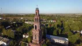 4K high quality aerial video footage of historical Peter & Pavel cathedral's tower and area, in medieval town Yuriev-Polskiy near Vladimir on Golden Ring route, eastern Russia, 180 km from Moscow