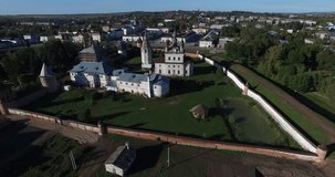 4K high quality aerial video footage of historical Yuriev-Polskiy cathedral, Kremlin white stone churches in historical town near Vladimir on Golden Ring route, eastern Russia, 180 km from Moscow