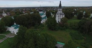 4K high quality aerial video footage of historical Alexandrov Kremlin white stone churches and cathedrals in historical town in Vladimir oblast on Golden Ring route, eastern Russia, 180 km from Moscow