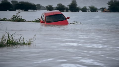 Depiction of flooding after a hurricane. Suitable for showing the devastation wrought after storms like Hurricane Irma, Harvey and Maria make landfall. 4K UHD.